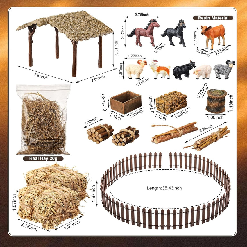 Thyle 20 Pcs Christmas Nativity Scene Manger Shed Kits Miniature Stable for Christmas Nativity Table Top Decor Including Thatched Roof, Fence, Farm Animals, Hay Bales & Tools Firewood Pile Cow