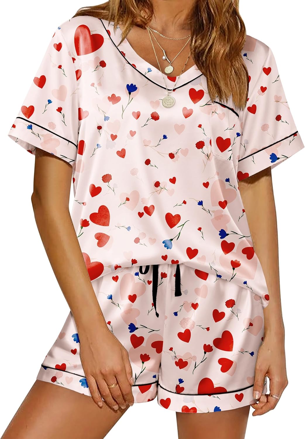 Ekouaer Silk Pajama for Women Short Sleeve Satin Pj Set Two Piece Soft Sleepwear Loungewear S-XXL