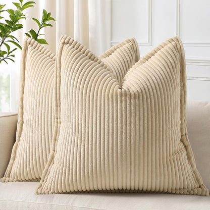 decorUhome Christmas Corduroy Cream White Throw Pillow Covers 18x18 Set of 2 Decorative Soft Boho Farmhouse Euro Couch Pillow Covers for Living Room Bed Sofa Broadside Striped Pillow Cases