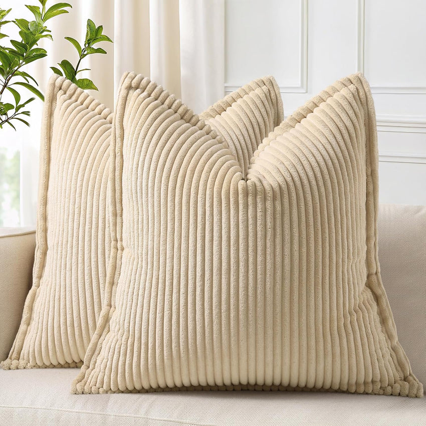 decorUhome Christmas Corduroy Cream White Throw Pillow Covers 18x18 Set of 2 Decorative Soft Boho Farmhouse Euro Couch Pillow Covers for Living Room Bed Sofa Broadside Striped Pillow Cases