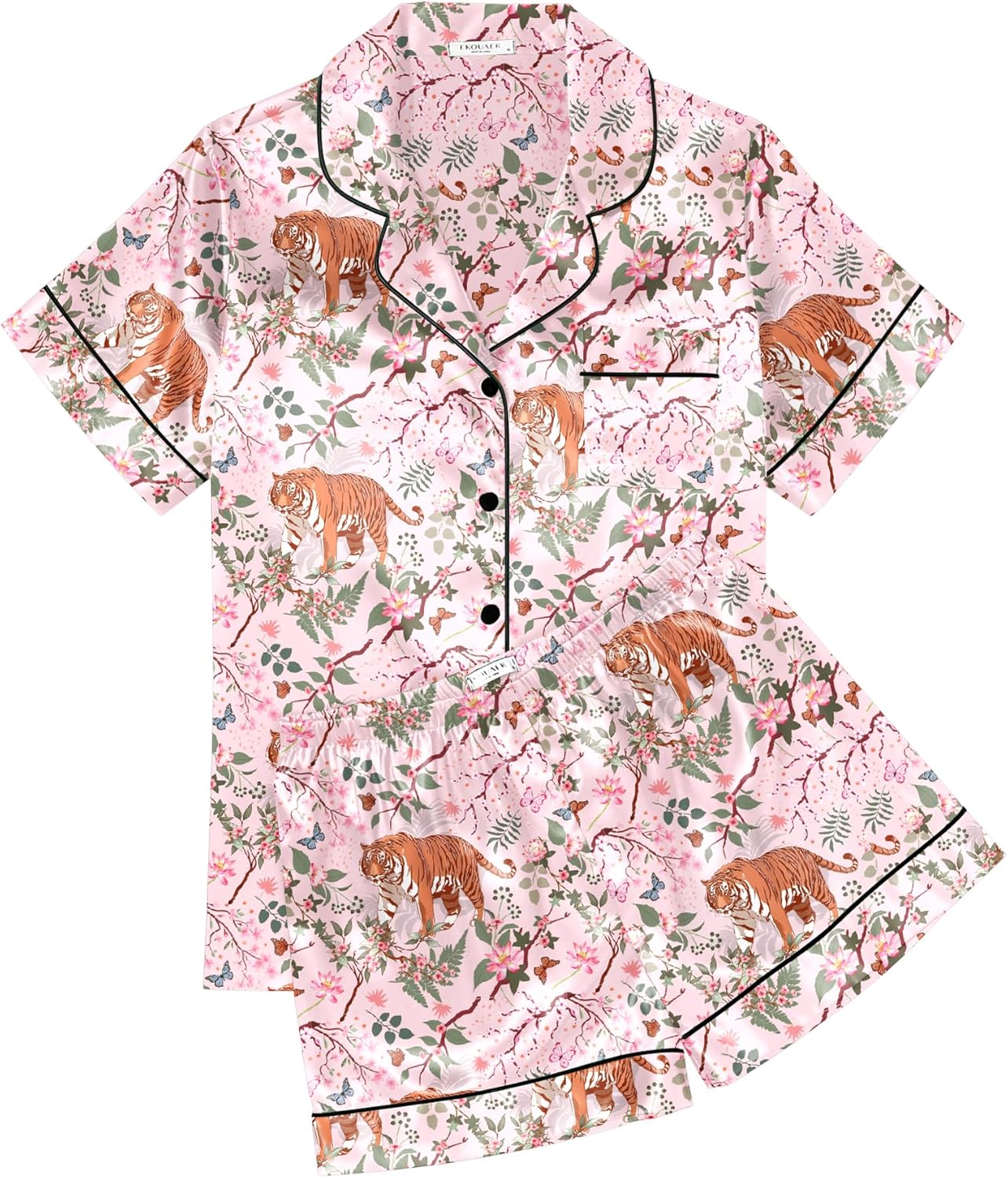 Ekouaer Womens Silk Satin Pajama Sets Soft Short Sleeve Button Down Sleepwear Top and Shorts 2 Piece Pjs Lounge Set