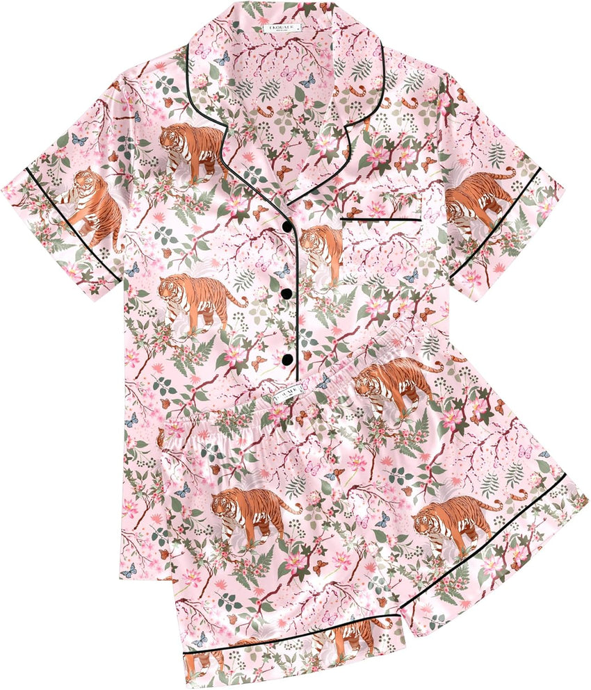 Ekouaer Womens Silk Satin Pajama Sets Soft Short Sleeve Button Down Sleepwear Top and Shorts 2 Piece Pjs Lounge Set