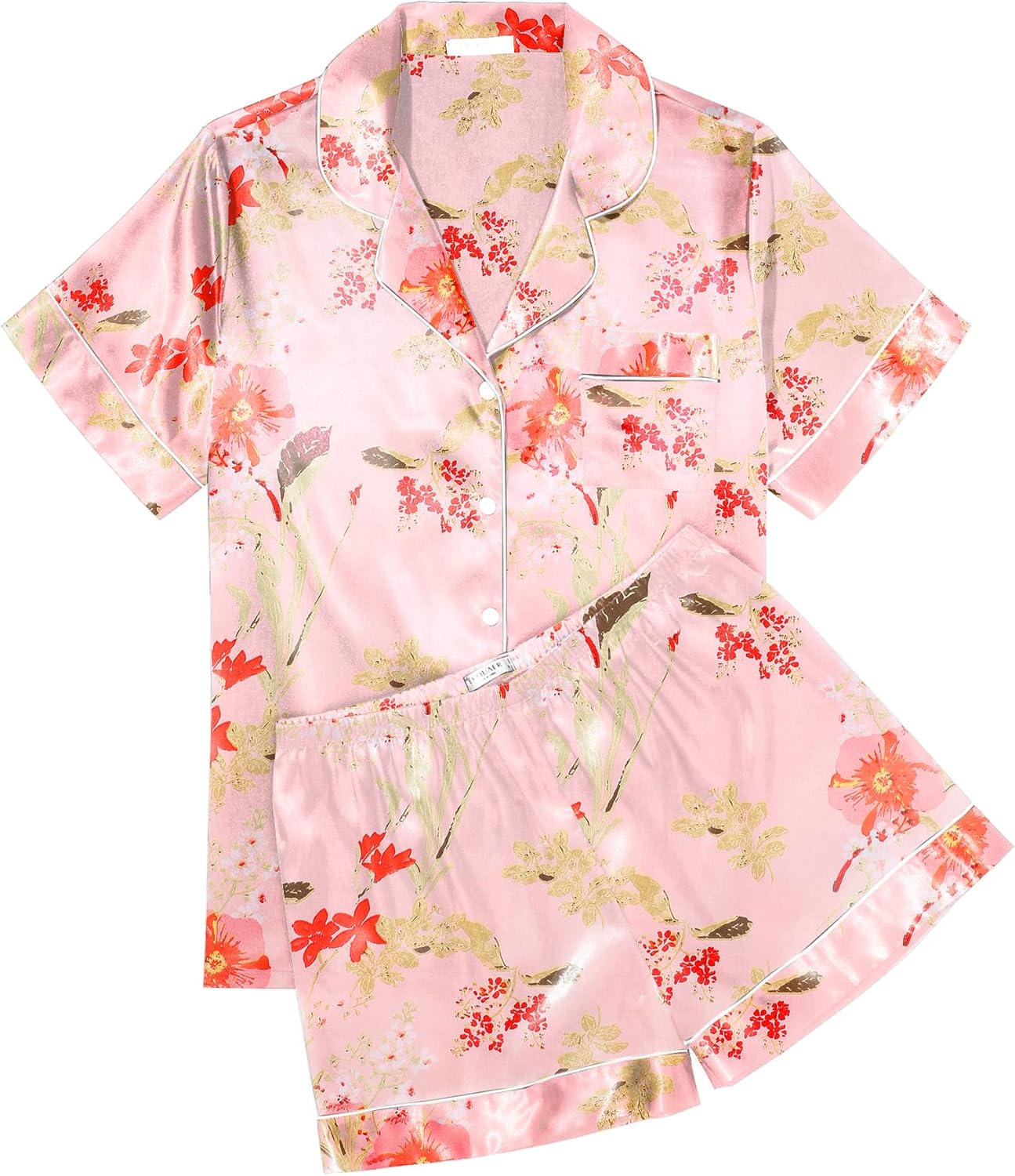 Ekouaer Womens Silk Satin Pajama Sets Soft Short Sleeve Button Down Sleepwear Top and Shorts 2 Piece Pjs Lounge Set