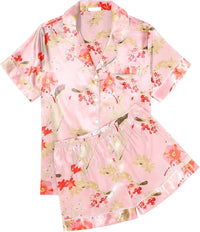 Ekouaer Womens Silk Satin Pajama Sets Soft Short Sleeve Button Down Sleepwear Top and Shorts 2 Piece Pjs Lounge Set