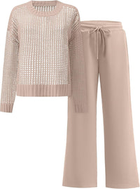 ANRABESS Womens 2 Piece Outfits Crochet Sheer Knit Sweater Top Wide Leg Pants Lounge Sets Sweatsuit 2025 Fall Travel Clothes