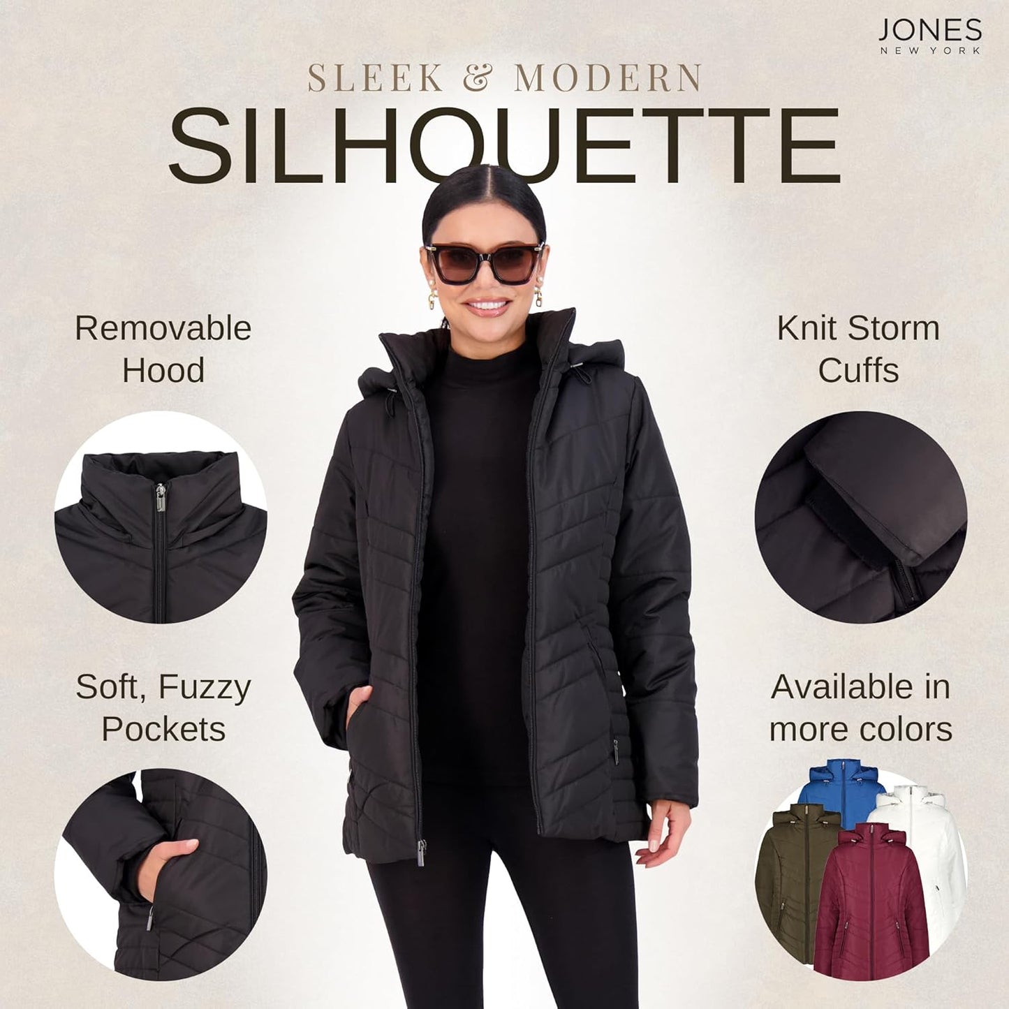Jones NY Women's Puffer Jacket Zippered Removable Bungee Hood Womens Winter Coat