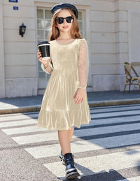 Arshiner Girls Dresses Contrast Mesh Velvet Long Sleeve A-Line Vintage Party Dress with Pockets