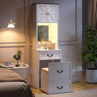 Compact Vanity with Hidden Chair | Mini Dorm Organizers and Storage Dressing Table Desk Gift for Girls Lady with 2 Large Drawers Shelves Mirror Lights for Small Bedroom (White)