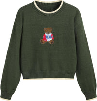 CIDER Women's Fall Sweaters Long Sleeve Cute Sweaters Bear Graphic Crewneck Soft Knit Casual Cropped Pullover
