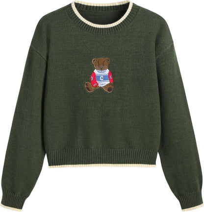CIDER Women's Fall Sweaters Long Sleeve Cute Sweaters Bear Graphic Crewneck Soft Knit Casual Cropped Pullover
