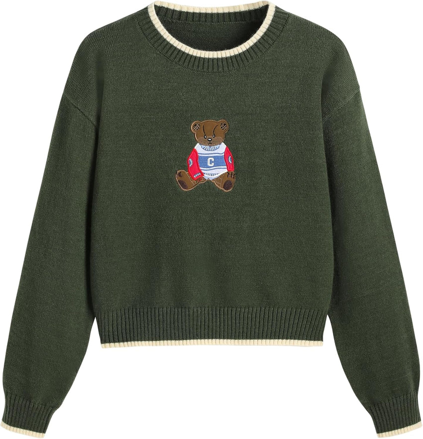 CIDER Women's Fall Sweaters Long Sleeve Cute Sweaters Bear Graphic Crewneck Soft Knit Casual Cropped Pullover