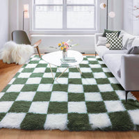 KICMOR Navy Blue and Cream White Rugs for Living Room, 4x6 Fluffy Fuzzy Shag Checkered Rug Shaggy Carpet for Bedroom, Soft Plush Area Rug for Nursery Toddler Room Classroom Study Room Kids Room