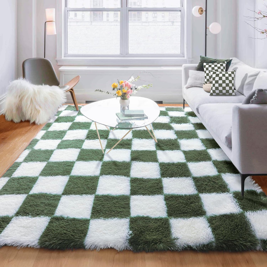 KICMOR Navy Blue and Cream White Rugs for Living Room, 4x6 Fluffy Fuzzy Shag Checkered Rug Shaggy Carpet for Bedroom, Soft Plush Area Rug for Nursery Toddler Room Classroom Study Room Kids Room