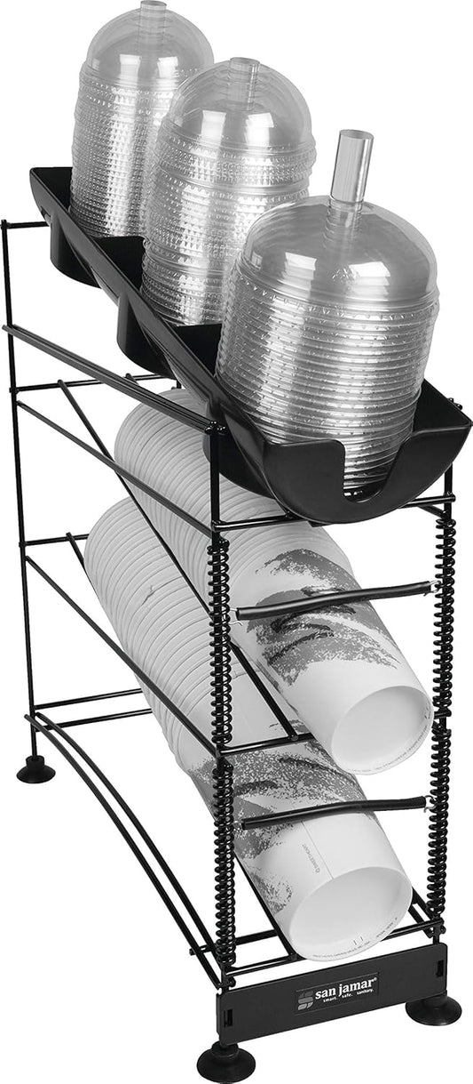 San Jamar Wireworks Cup and Lid Dispenser Fits 8 - 44 Oz. Cups, 3 Tiers with Suction Cup Feet for Restaurants, Fast Food, And Kitchens, Plastic, 8.25 X 20.5 X 22.5 Inches, Black