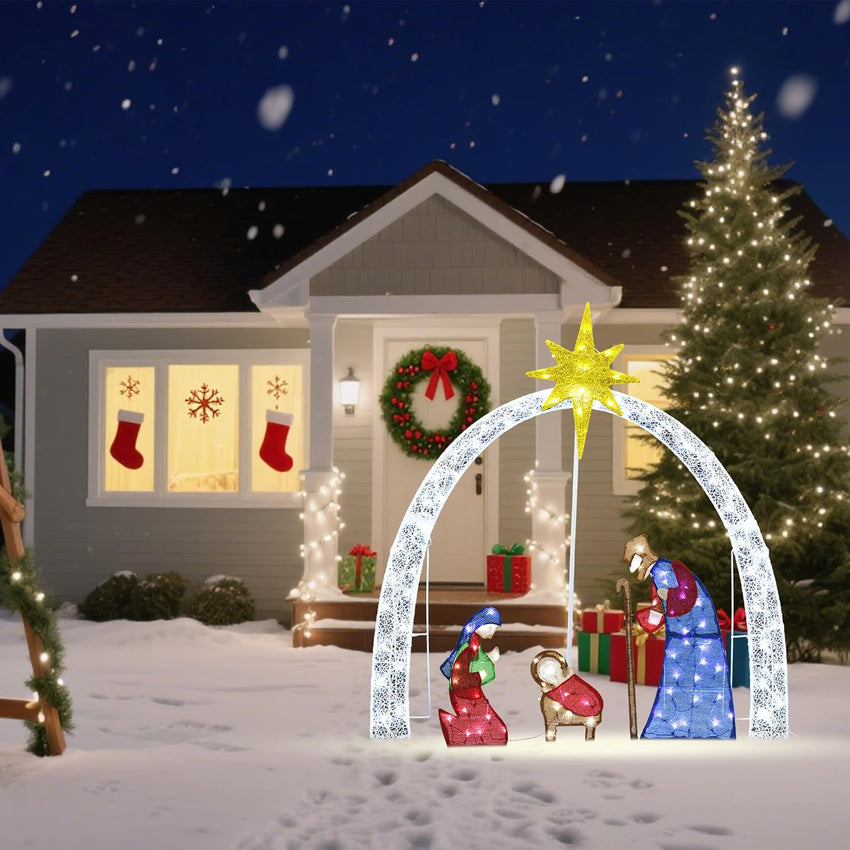 Outdoor Nativity Scene Set Christmas Decorations, 52" H Lighted Arch Holy Family Holiday Yard Decors Set, 115 Warm White LED Lights, Classic Xmas for Lawn, Garden, Easy Assembly