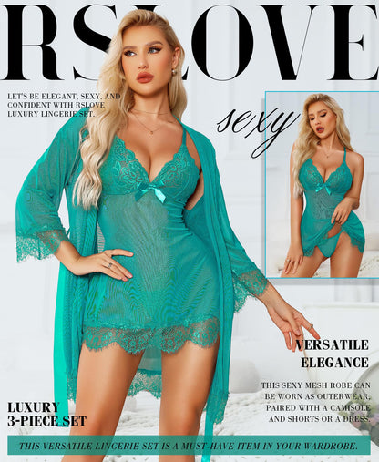 RSLOVE Women Sexy Lingerie Set 3 Piece Babydoll & Lace Kimono Robe Strap Chemise Mesh Nightgown Wine Red M