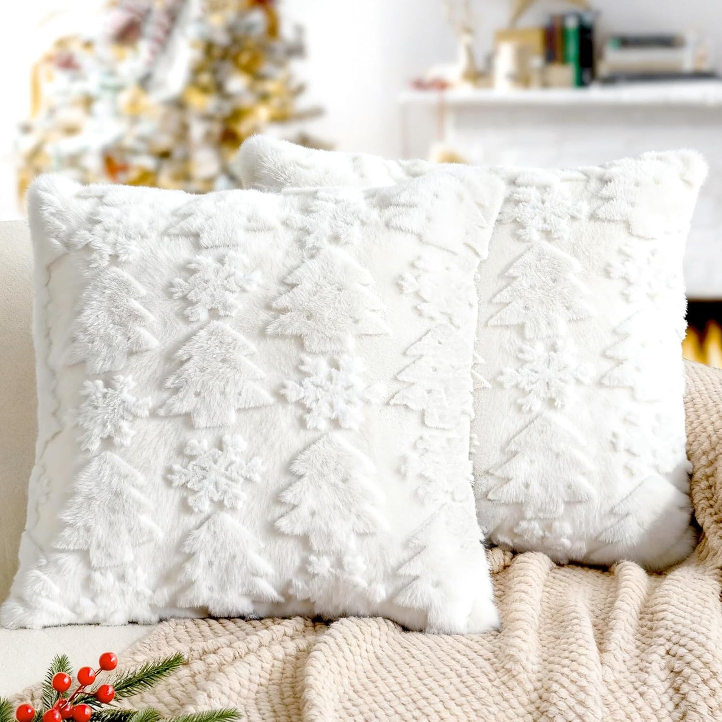 Touchat Christmas Pillow Covers 18x18, Soft Faux Rabbit Fur Throw Pillow Covers with 3D Embroidery Christmas Tree and Snowflake Design for Winter Holiday Home Decor, Couch Sofa Bedroom, White