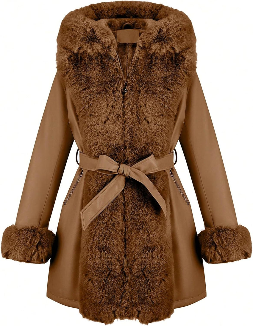 RISISSIDA Luxurious Women Winter Fur Lined Coat, Leather Jacket with Hooded Long Fur Collar, Thick Warm Heavy Overcoat Belted