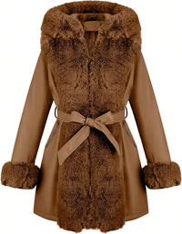RISISSIDA Luxurious Women Winter Fur Lined Coat, Leather Jacket with Hooded Long Fur Collar, Thick Warm Heavy Overcoat Belted