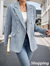 Mina Self 2025 Fall Women's Tweed Blazer - Double-Breasted Fully-Lined Fashion Slim Casual Work Office Jacket with Pockets