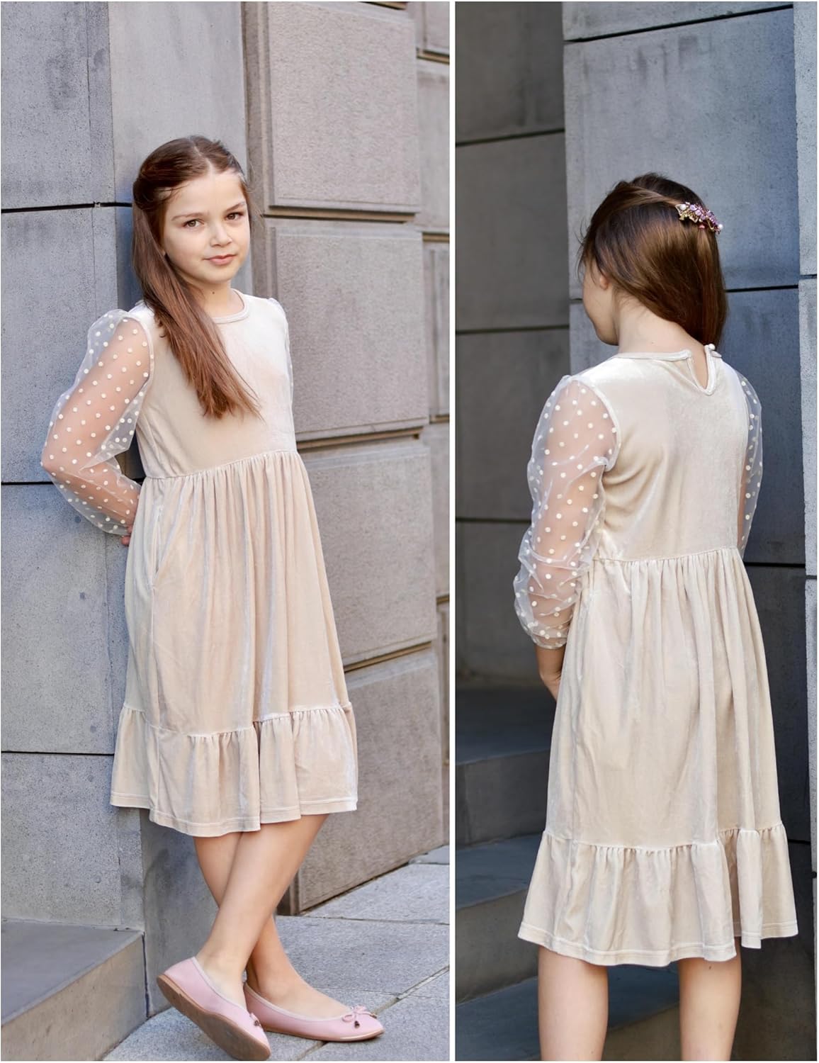 Arshiner Girls Dresses Contrast Mesh Velvet Long Sleeve A-Line Vintage Party Dress with Pockets