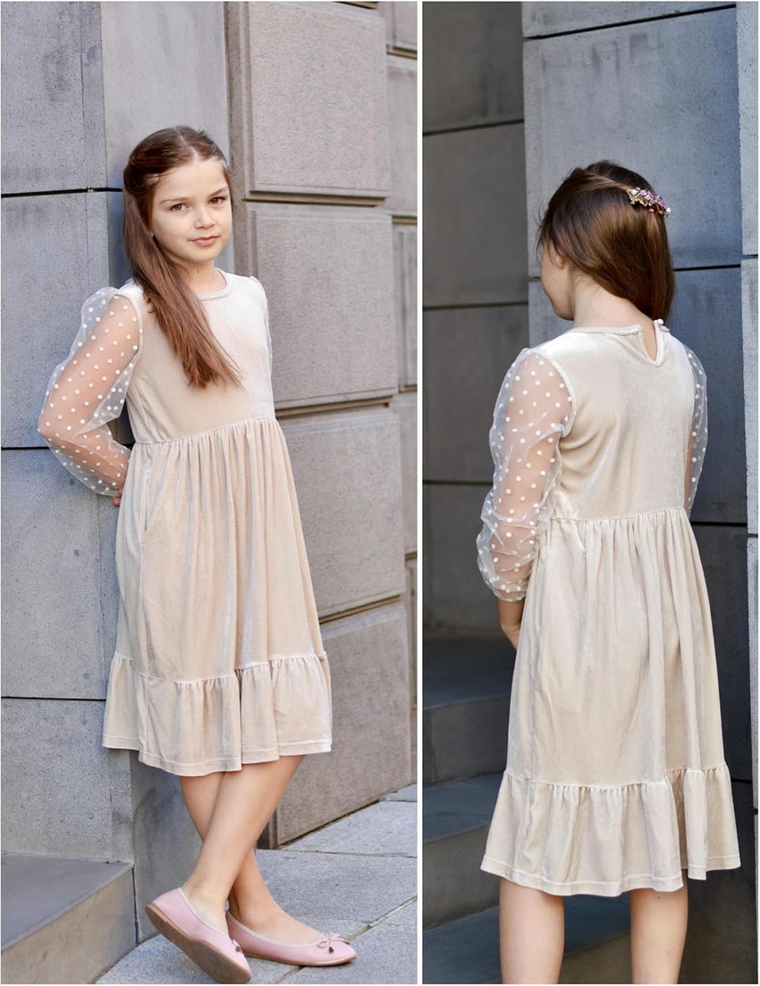 Arshiner Girls Dresses Contrast Mesh Velvet Long Sleeve A-Line Vintage Party Dress with Pockets