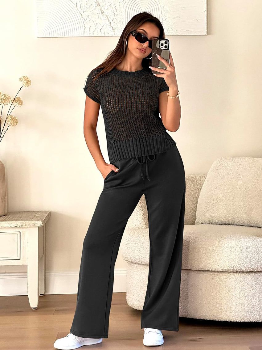 ANRABESS Women Two Piece Outfits Crochet Sheer Knit Sweater Top Wide Leg Pants Lounge Matching Sets Sweatsuit Travel Clothes