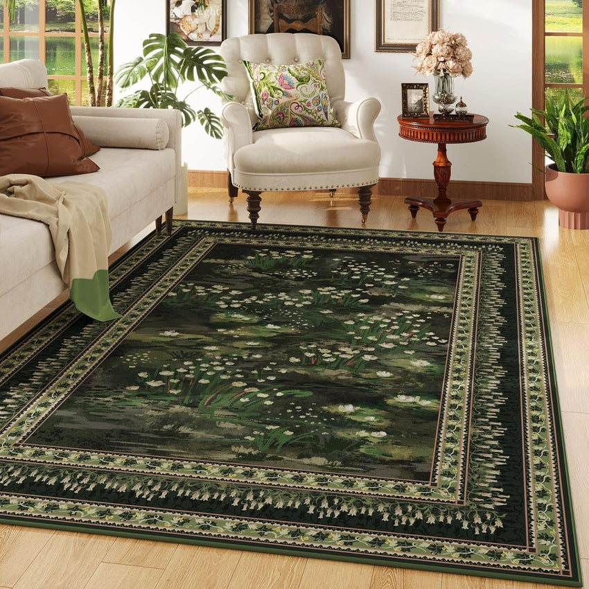 Rugcomf 4x6 Rug for Bedroom Impressionist-Style Vintage Washable Rugs Non Slip Low Pile Small Carpet for Bedside Kids Room Office Dining Room, Green
