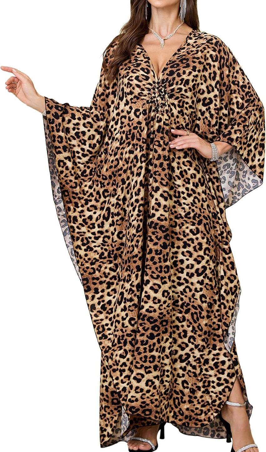 Women Kaftan Dresses Plus Size V-Neck Batwing Sleeves Beach Cover Up 2025 Summer Floral Print Caftan Dress