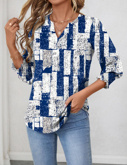 LOMON Blouses for Women Dressy Casual 3/4 Sleeve Tops for Women V Neck T Shirt Ladies Tops and Blouses Orange Blue Print L