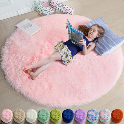 Amdrebio Light Pink Round Rug 4Ft for Girls Bedroom, Fluffy Circle Area Rugs for Kids Room Decor Aesthetic, Cute Shag Fuzzy Carpet for Nursery, Preppy Dorm, Classroom, Playroom, Teen, Baby, Washable
