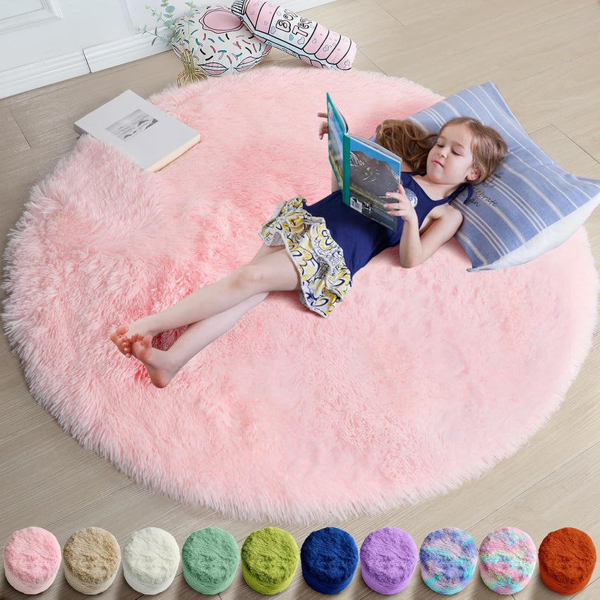 Amdrebio Light Pink Round Rug 4Ft for Girls Bedroom, Fluffy Circle Area Rugs for Kids Room Decor Aesthetic, Cute Shag Fuzzy Carpet for Nursery, Preppy Dorm, Classroom, Playroom, Teen, Baby, Washable