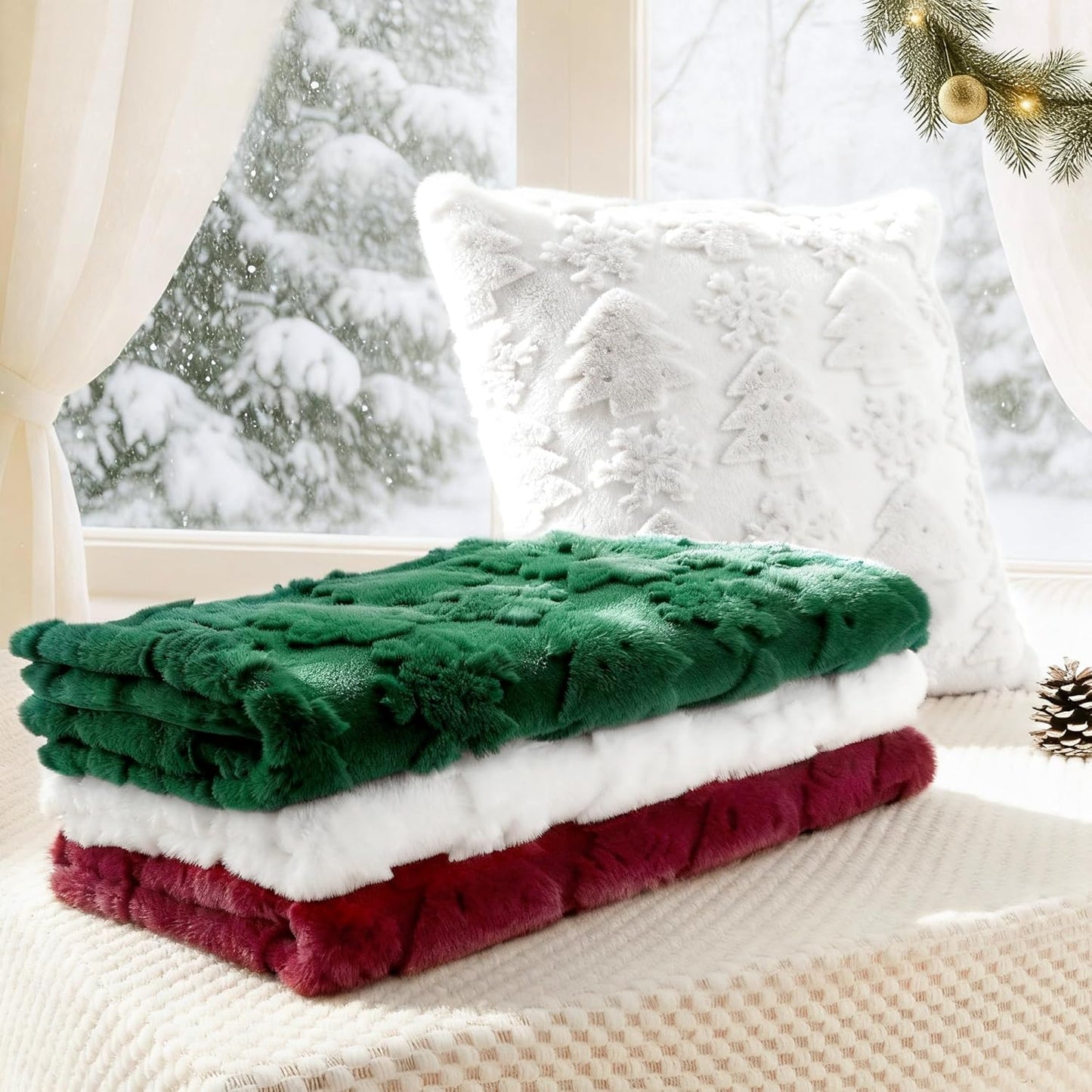 Touchat Christmas Pillow Covers 18x18, Soft Faux Rabbit Fur Throw Pillow Covers with 3D Embroidery Christmas Tree and Snowflake Design for Winter Holiday Home Decor, Couch Sofa Bedroom, White