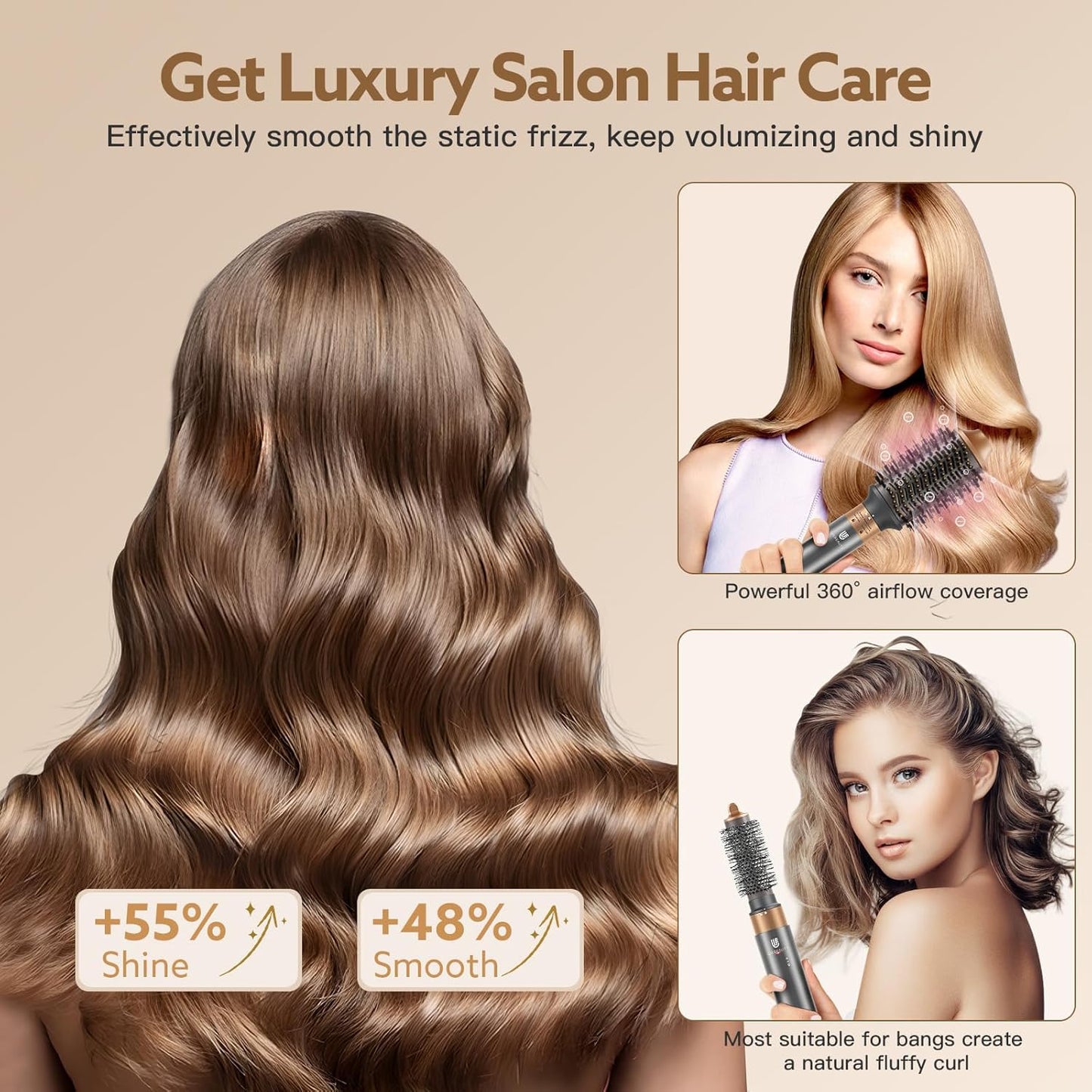 Hair Dryer Brush, webeauty 5 in 1 Professional Hot Air Styling, High-Speed Negative Ionic Hair Dryer Fast Drying, Multi Hair Styler with Air Curling Iron, Volumizing, with Carrying Case (Grey Gold)