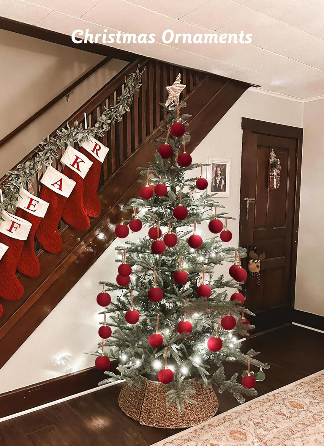 Brightown 15 Pcs Red Velvet Christmas Balls, 3.15 Inch Velvet Ornaments for Christmas Tree, Christma Tree Flocked Ornaments Balls for Family Holiday Wedding Party Xmas Hanging Decoration