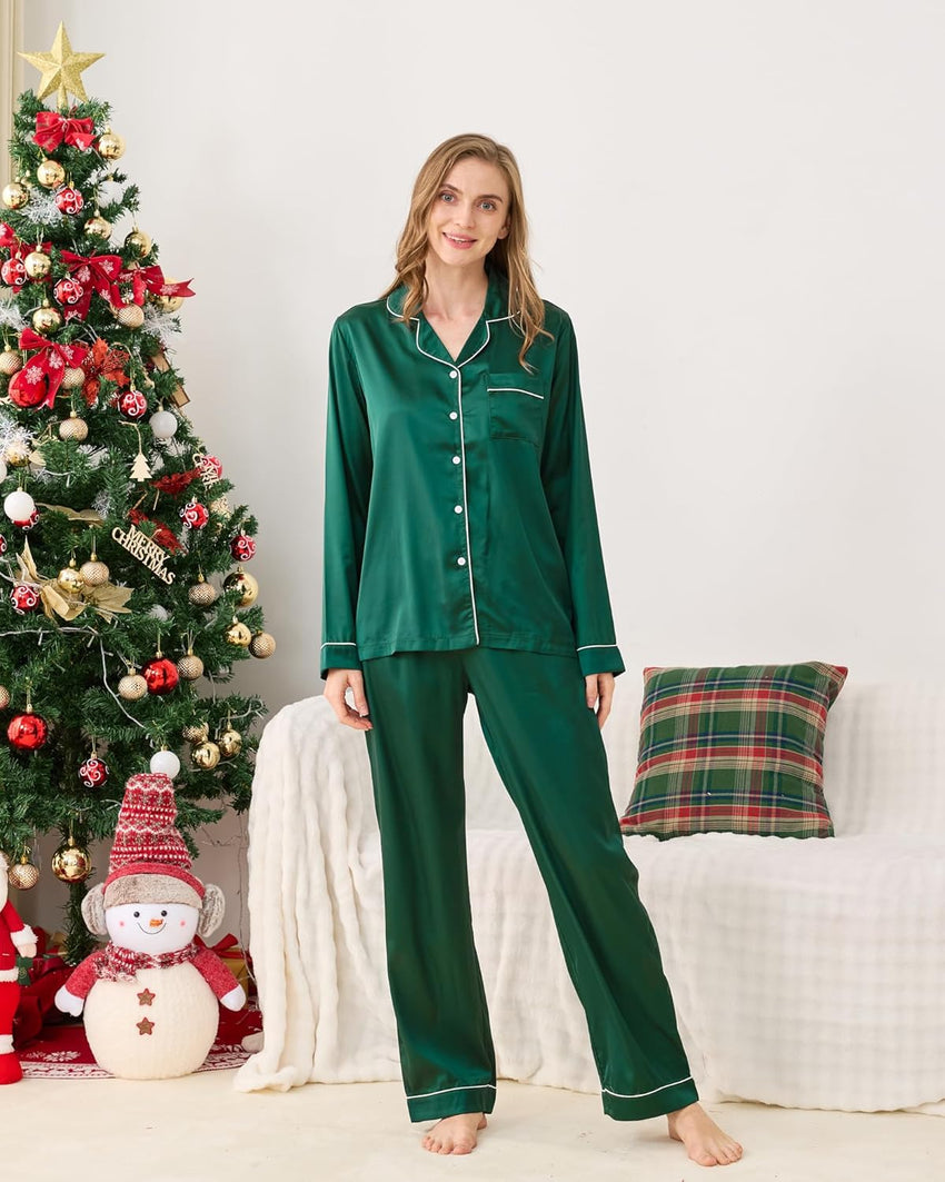 Satin Family Christmas Pajamas Set Soft Button Down Holiday Sleepwear Matching PJs for Couple Men Women Jammies Party