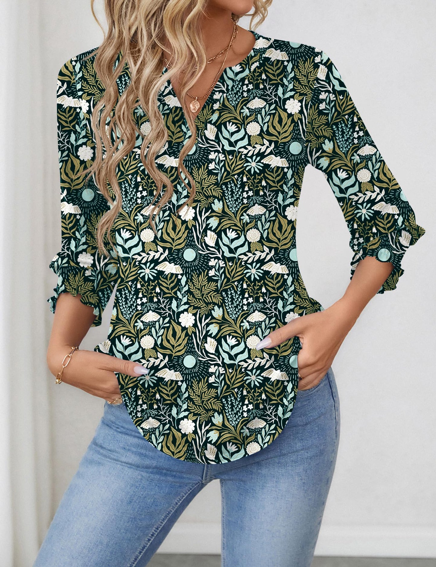 LOMON Blouses for Women Dressy Casual 3/4 Sleeve Tops for Women V Neck T Shirt Ladies Tops and Blouses Orange Blue Print L