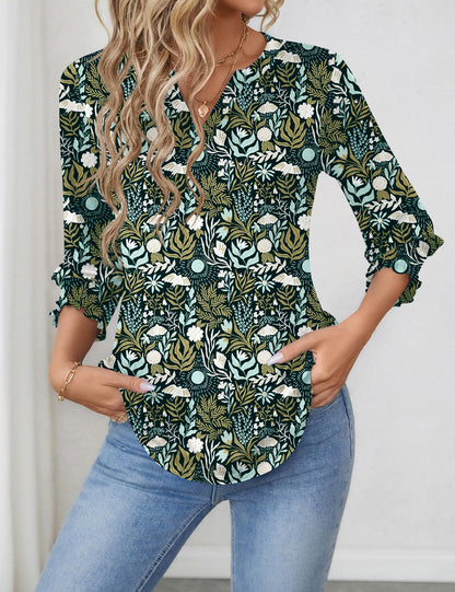 LOMON Blouses for Women Dressy Casual 3/4 Sleeve Tops for Women V Neck T Shirt Ladies Tops and Blouses Orange Blue Print L