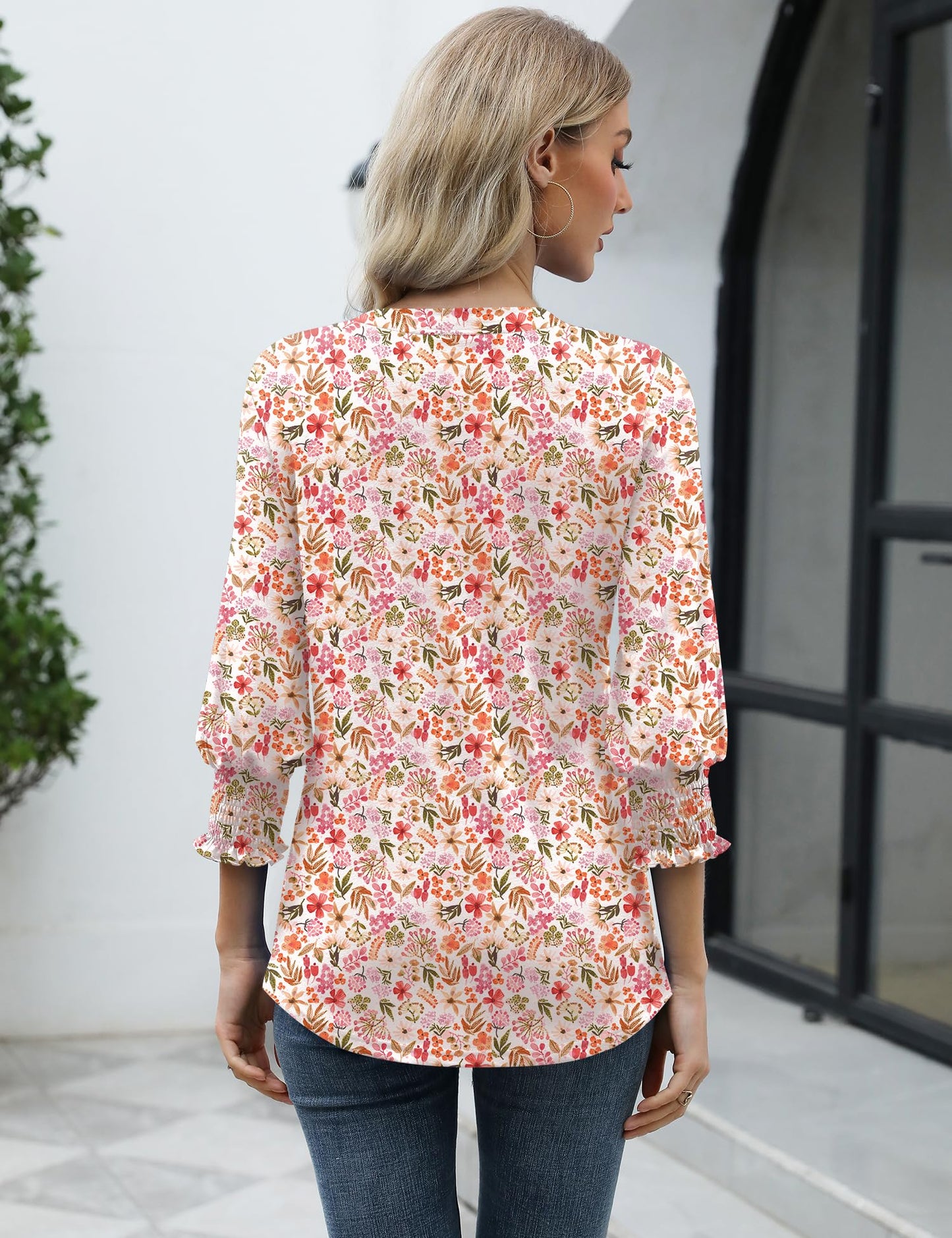 LOMON Blouses for Women Dressy Casual 3/4 Sleeve Tops for Women V Neck T Shirt Ladies Tops and Blouses Orange Blue Print L