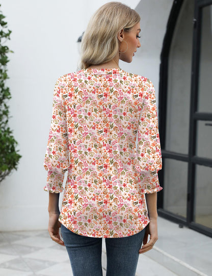 LOMON Blouses for Women Dressy Casual 3/4 Sleeve Tops for Women V Neck T Shirt Ladies Tops and Blouses Orange Blue Print L