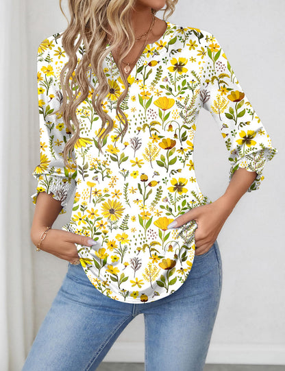 LOMON Blouses for Women Dressy Casual 3/4 Sleeve Tops for Women V Neck T Shirt Ladies Tops and Blouses Orange Blue Print L