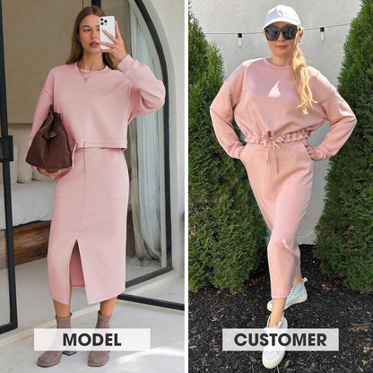 EXLURA Womens 2 Piece Skirts Set Fall Airport Drawstring Sweatshirts Midi Skirt Dress Lounge Sets Travel Outfits Winter 2025