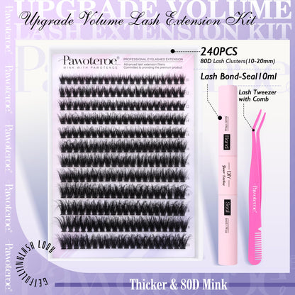 Pawotence Lash Extension Kit DIY 280pcs Lash Clusters Eyelash Extension Kit, 9-16mm 30D 40D Individual Lashes Kit with Lash Bond and Seal, Lash Tweezers for Self Use (30D&40D, 0.07D, 9-16mm, Kit)