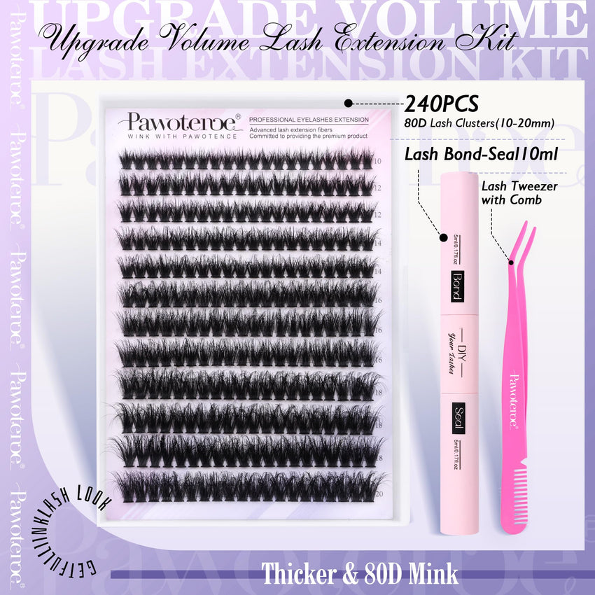 Pawotence Lash Extension Kit DIY 280pcs Lash Clusters Eyelash Extension Kit, 9-16mm 30D 40D Individual Lashes Kit with Lash Bond and Seal, Lash Tweezers for Self Use (30D&40D, 0.07D, 9-16mm, Kit)