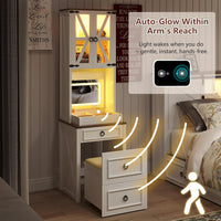 Compact Vanity with Hidden Chair | Mini Dorm Organizers and Storage Dressing Table Desk Gift for Girls Lady with 2 Large Drawers Shelves Mirror Lights for Small Bedroom (White)
