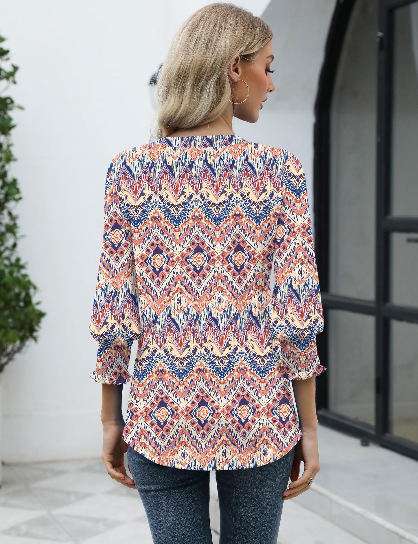 LOMON Blouses for Women Dressy Casual 3/4 Sleeve Tops for Women V Neck T Shirt Ladies Tops and Blouses Orange Blue Print L