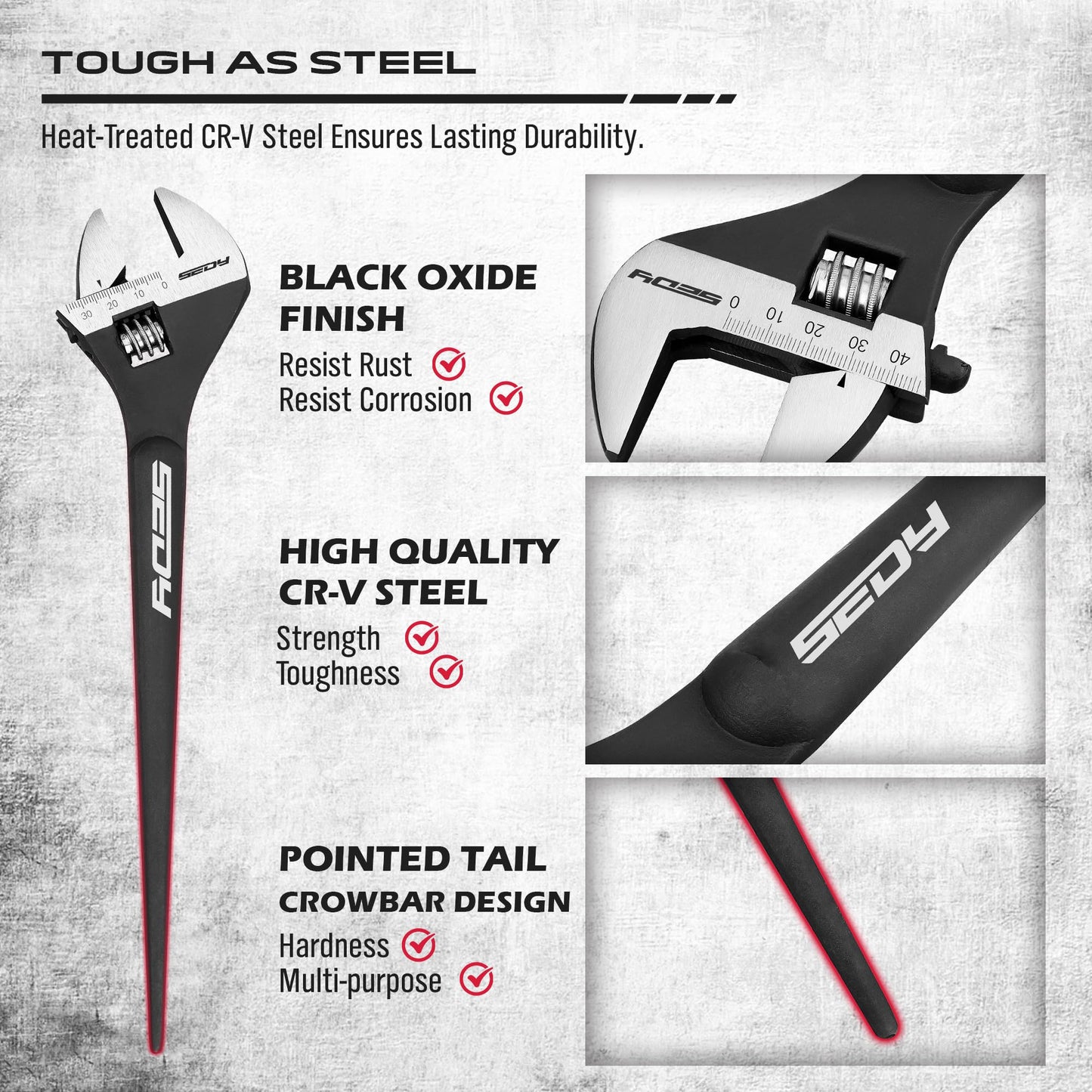 Adjustable Wrench Set Wrenches Sets: 4-Piece 6, 8, 10, 12 Inch Chrome Vanadium Steel Corrosion-Resistant Black Oxide Finish for Automotive Plumbing and Household Repairs