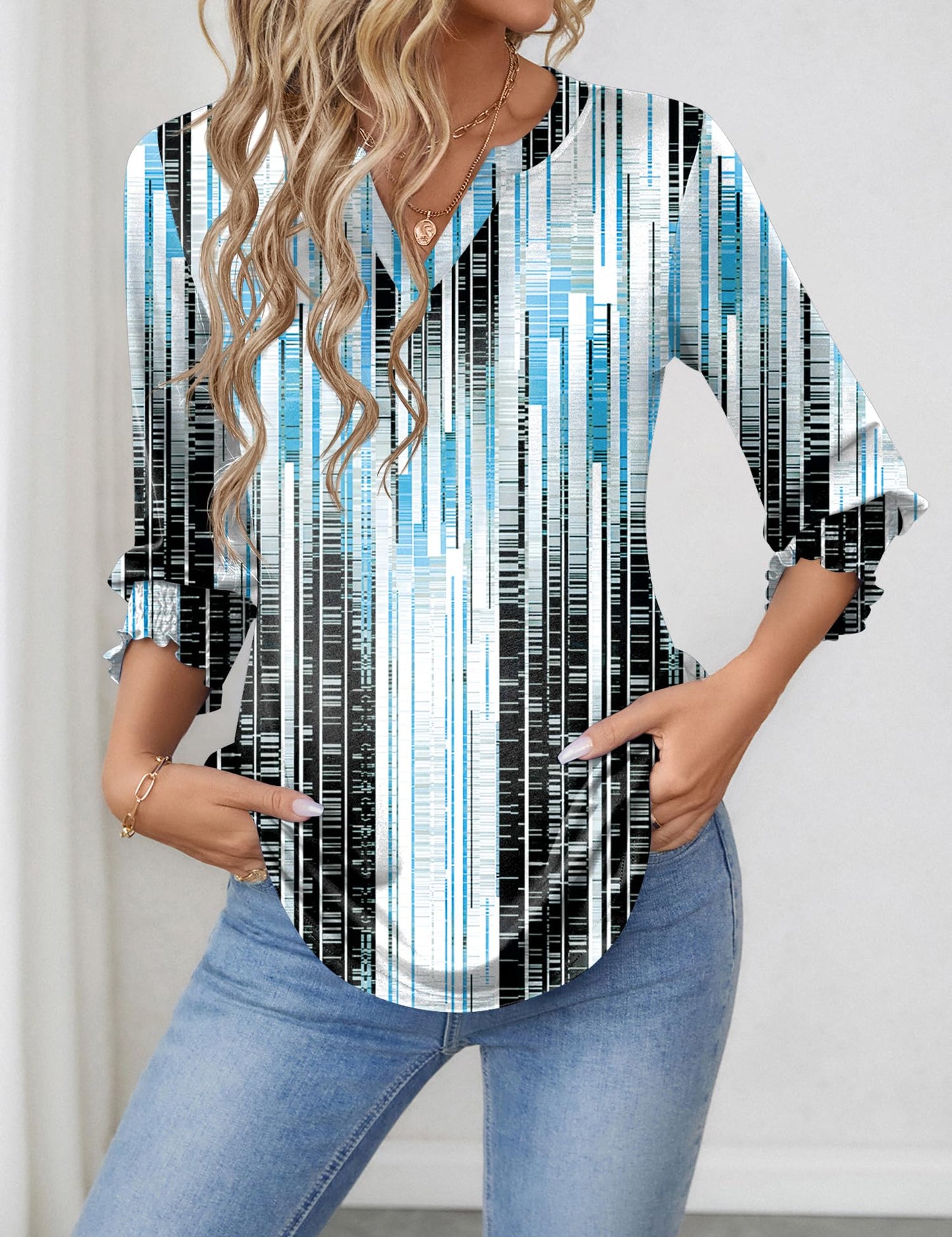 LOMON Blouses for Women Dressy Casual 3/4 Sleeve Tops for Women V Neck T Shirt Ladies Tops and Blouses Orange Blue Print L