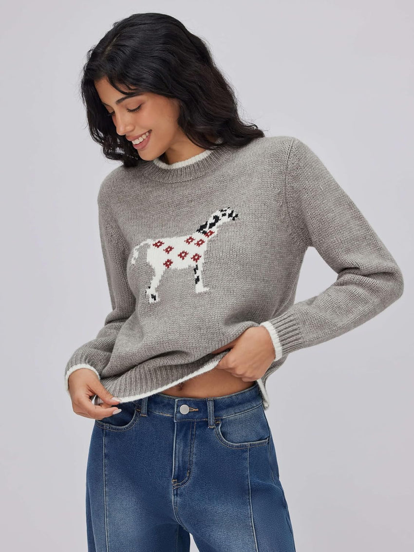 CIDER Women's Fall Sweaters Long Sleeve Cute Sweaters Bear Graphic Crewneck Soft Knit Casual Cropped Pullover