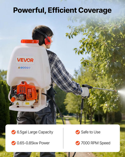 VEVOR Gas Powered Backpack Sprayer, 26.5CC 0.9HP Engine, Garden Sprayer with 6.5 Gallon Tank, Large Area Coverage, Lawn Spraying Machine with 24 in Wand & Nozzles for Efficient Gardening & Farming